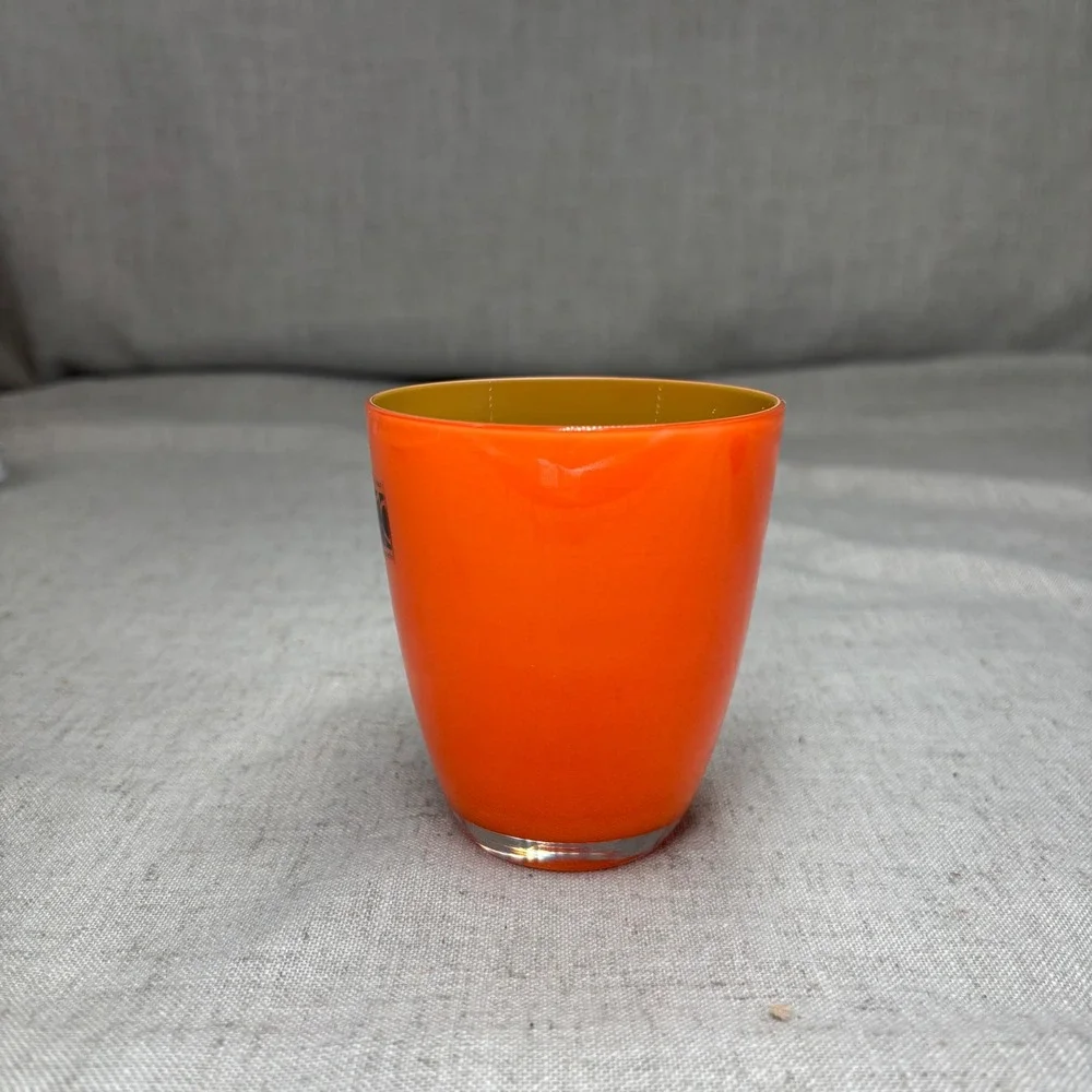 Carlo Moretti Murano Italy Cased Glass Orange Olive Green Tumbler Vase 3.5